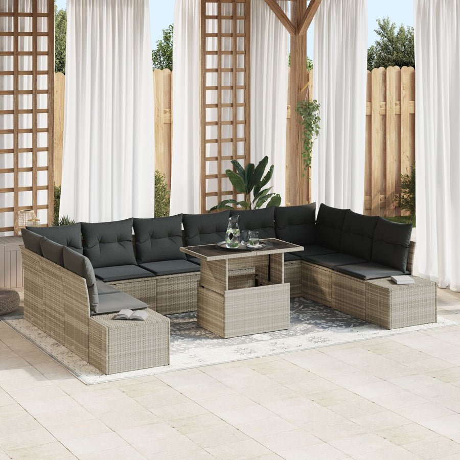 Tuin Sofa Set Set Van 11 Grijs, Lichtbruin Rattan, Stof, Glas