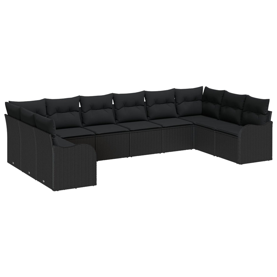 10-delige Tuinbank Set met Kussens Zwart Poly Riet, vidaXL 2-zitter Tuinbank met Kussens Zwart Poly Riet