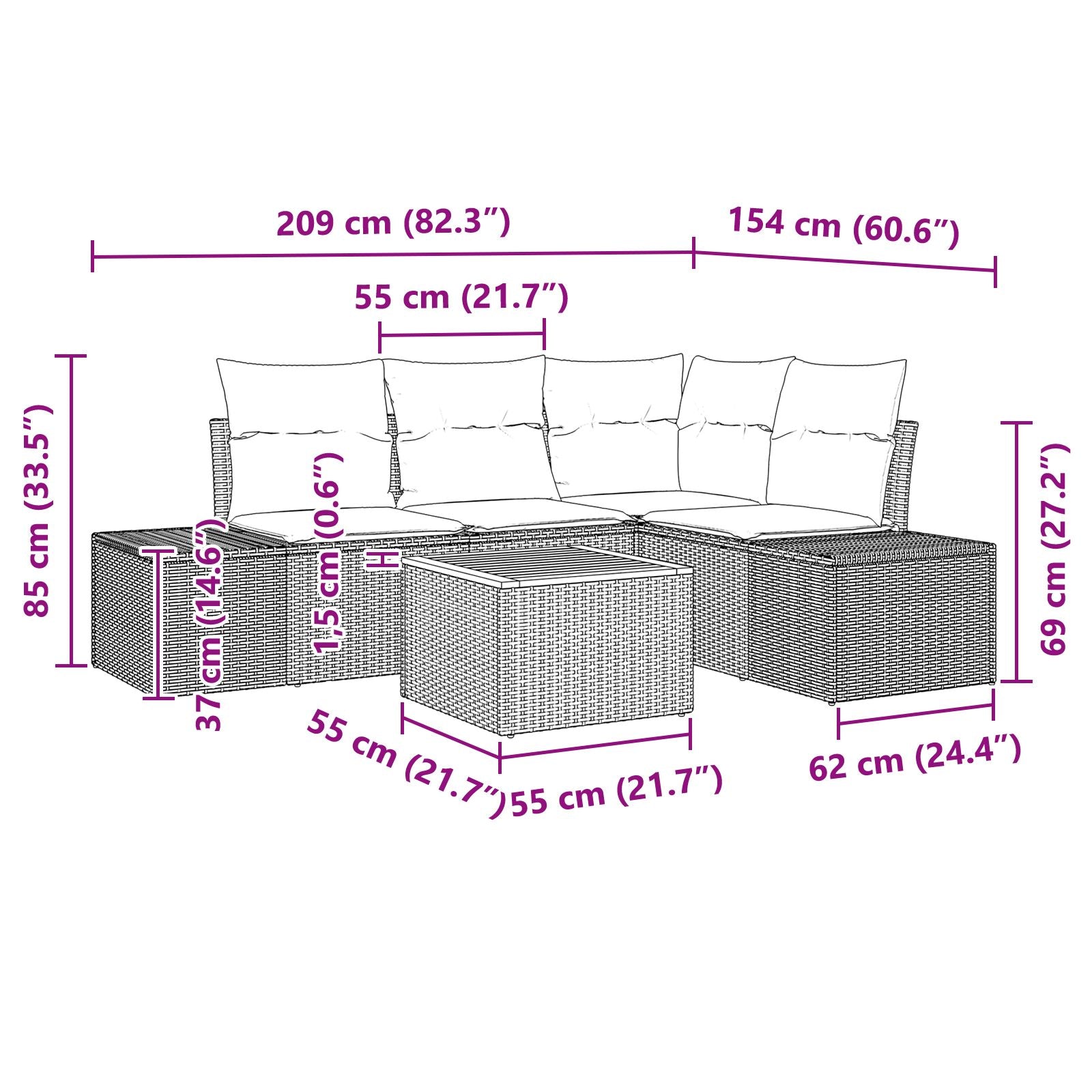 Tuin Sofa Set 5 Delig Zwart En Crème Rattan Met Polyester Kussens