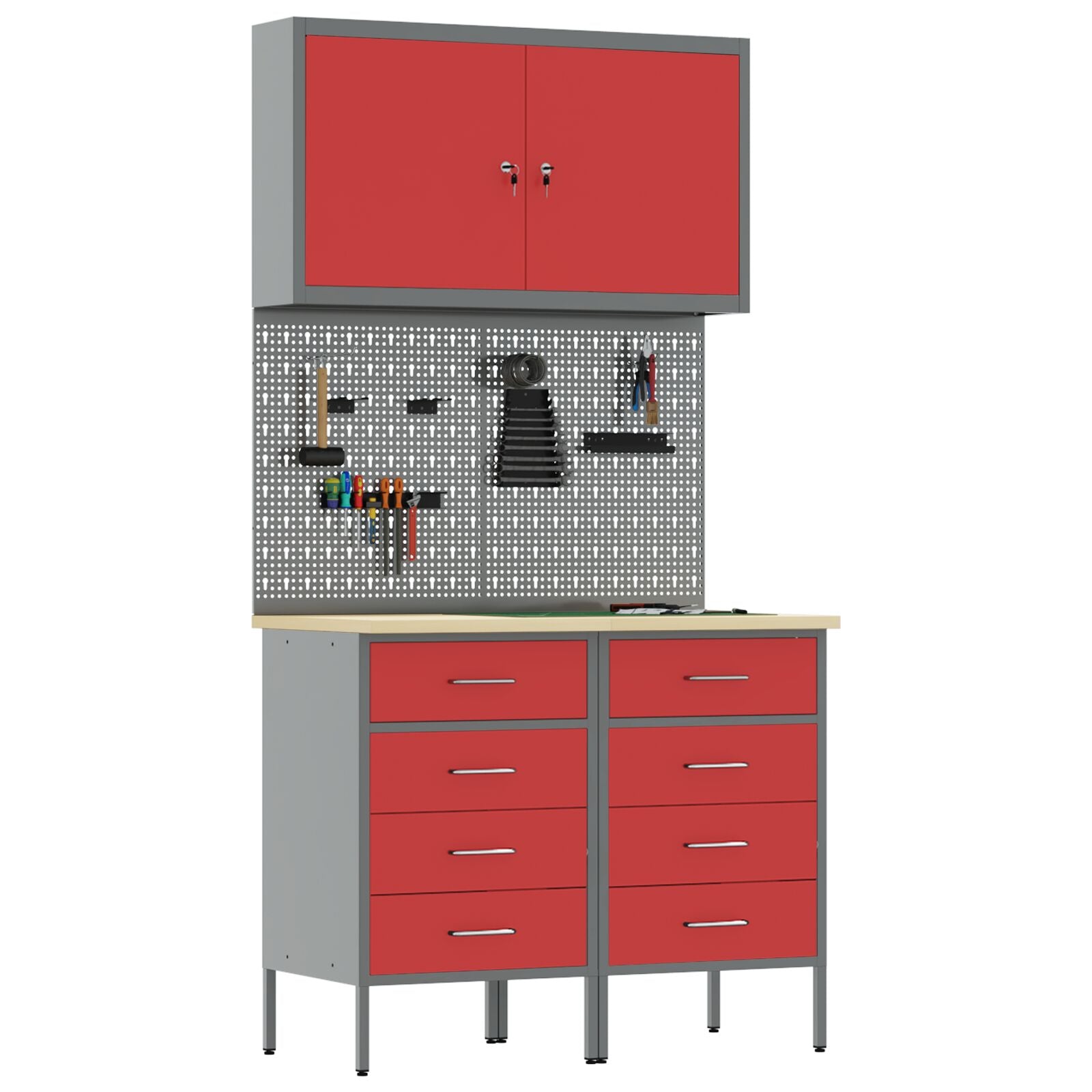 5-Delige Werkbank Set Staal 2x (85 cm) Rood 2x kast + 2x pegboard + gereedschap kast