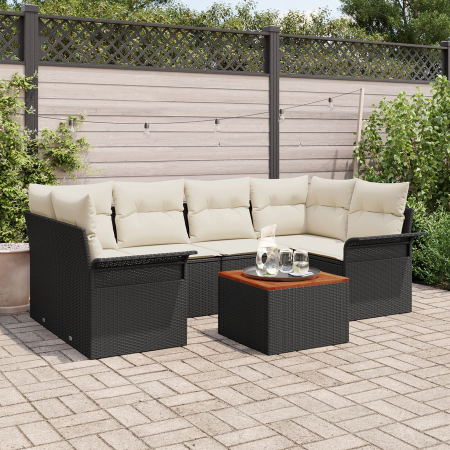 7-Delige Tuinsofa Set Met Kussens Zwart Poly Rattan Acacia