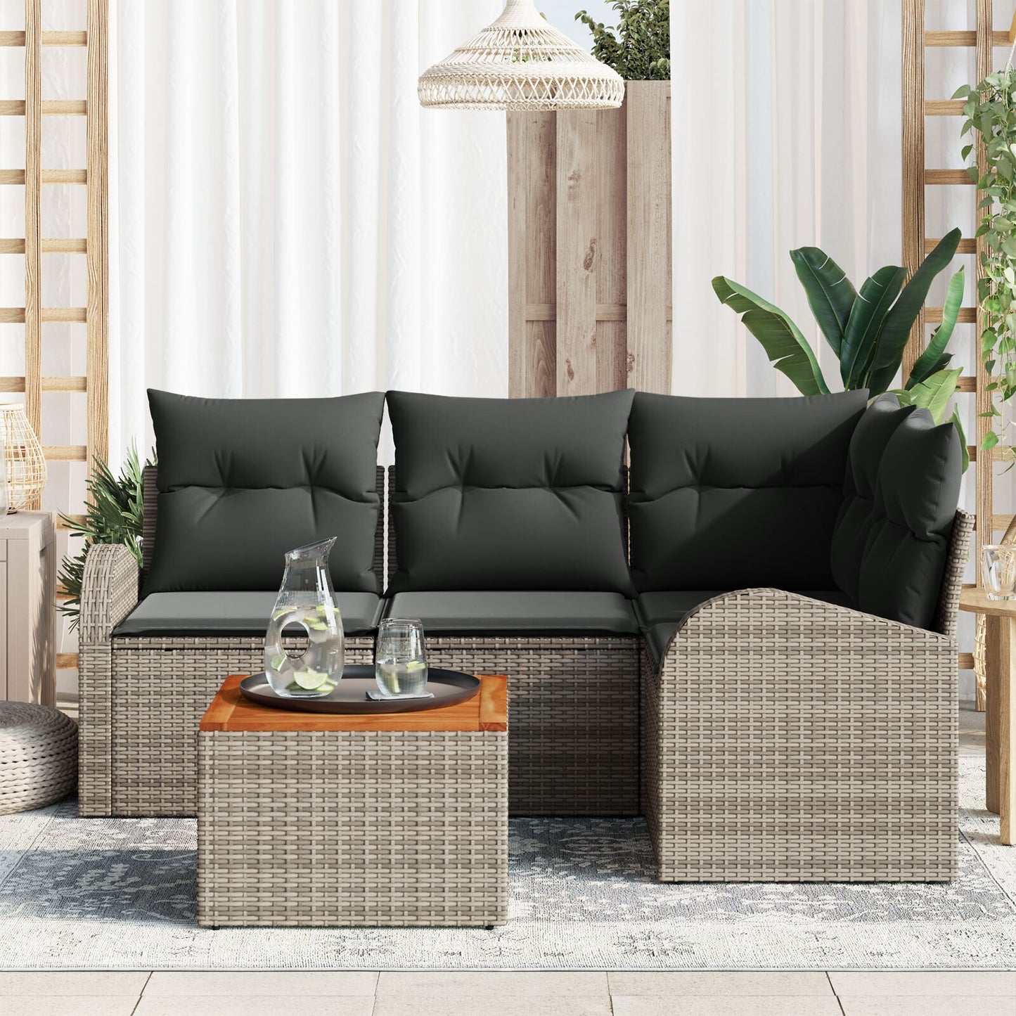 5-Delige Tuinsofa Set Met Kussens Grijs Poly Rattan Acacia