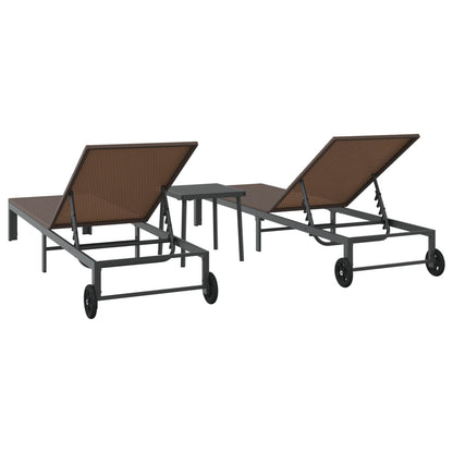 Ligbedden 2 Stuks Met Wielen En Tafel Poly Rattan Bruin