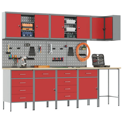 12-Delige Werkcabinet En Pegboard Set In Het Van Mdf En Metaal 4x (2x84/2x85 cm) Rood Tafel + 7x kast + 6x pegboard