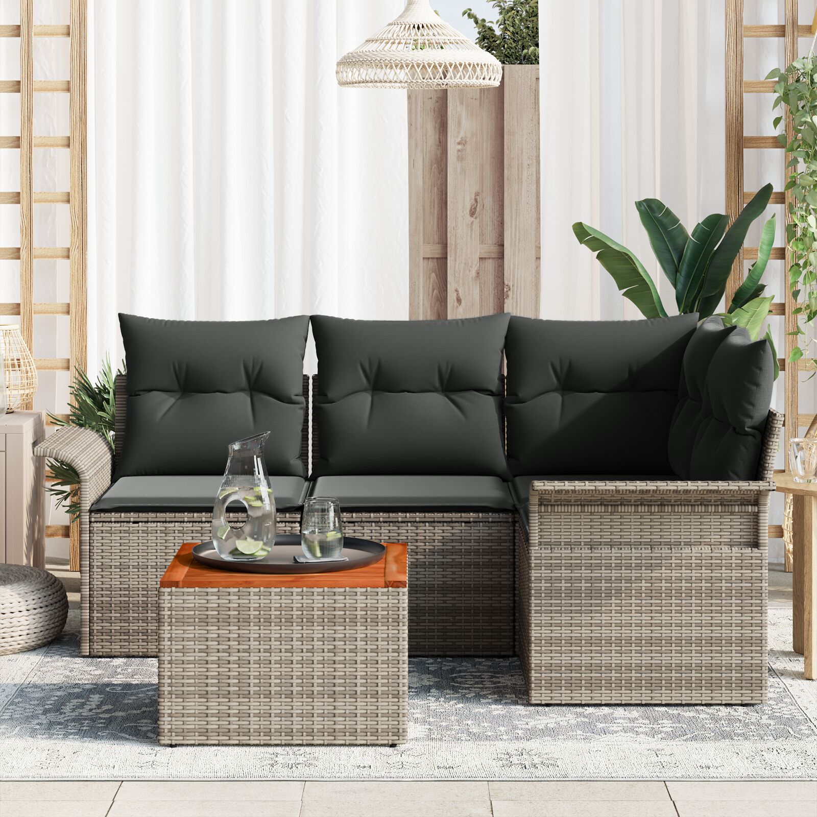 5-Delige Tuin Sofa Set Met Kussens Grijs Poly Rattan Acacia
