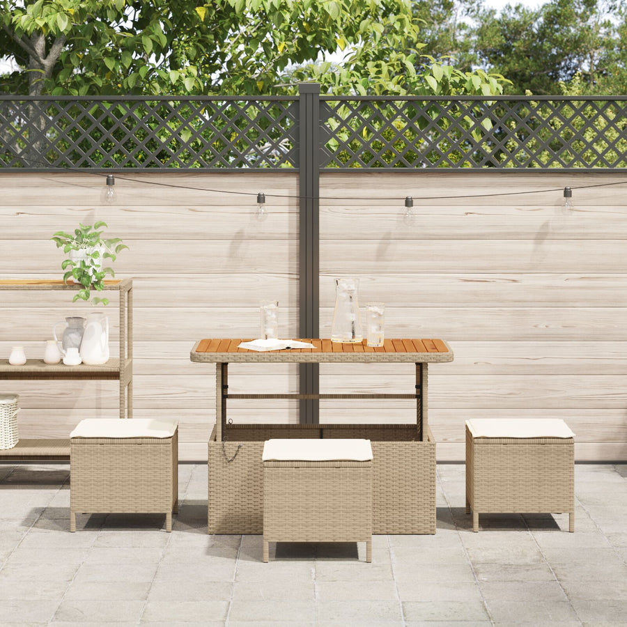 4-Delige Tuin Eetset Met Kussens Poly Rattan Acacia 110 cm Beige en crème 3 krukken