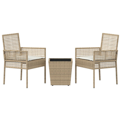3-Delige Tuin Bistro Set Met Kussens Beige Poly Rattan
