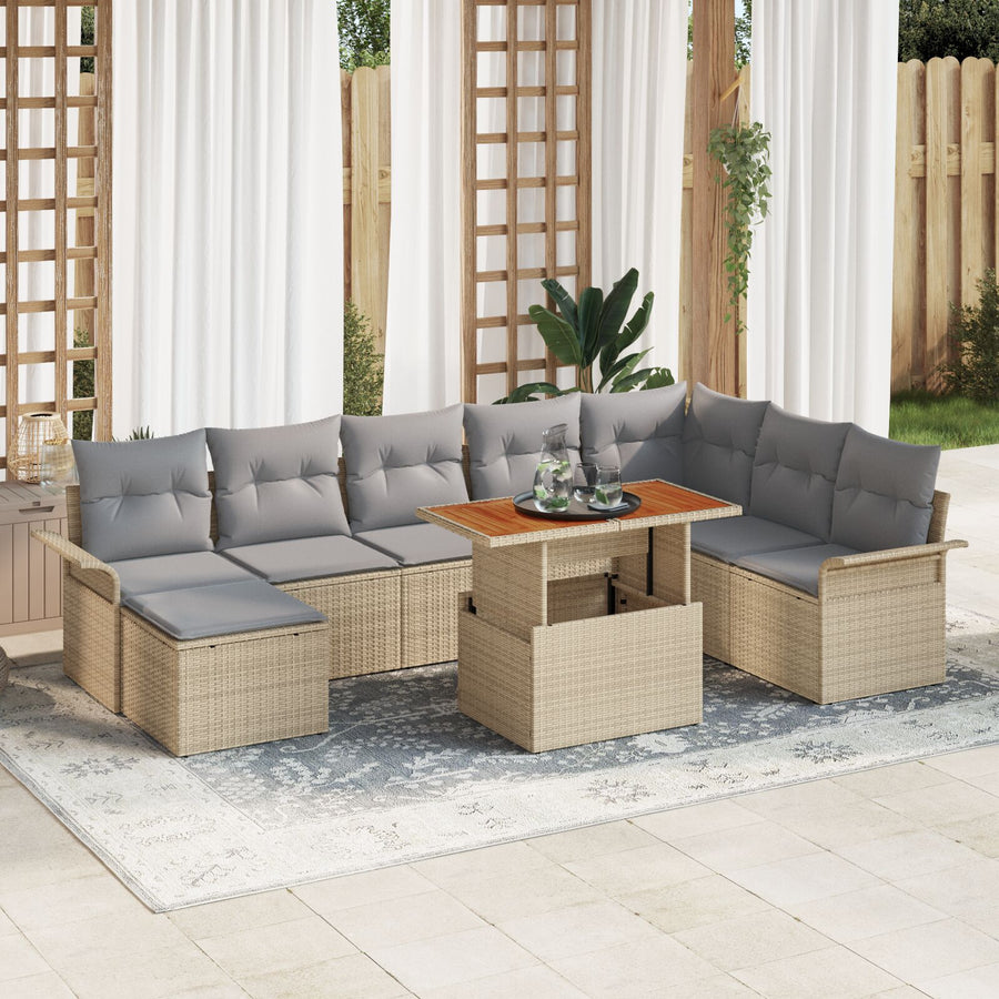 9-Delige Tuin Eetset Met Kussens Beige Poly Rattan Acacia