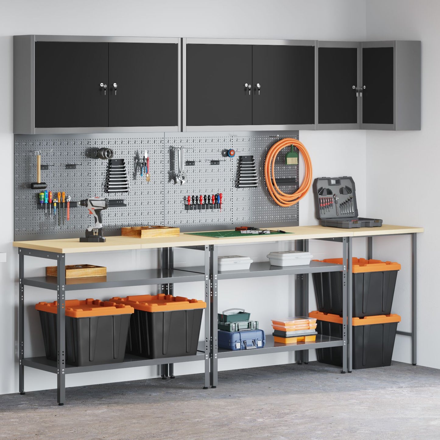 10-Delige Toolopslagtafelset Gelaagd Hout En Metaal 100 cm kast met pegboard Zwart 3x tafel + 4x kast + 4x pegboard