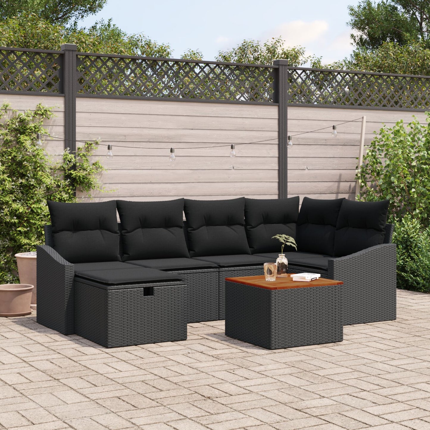 7-Delige Tuin Sofa Set Met Kussens Zwart Poly Rattan