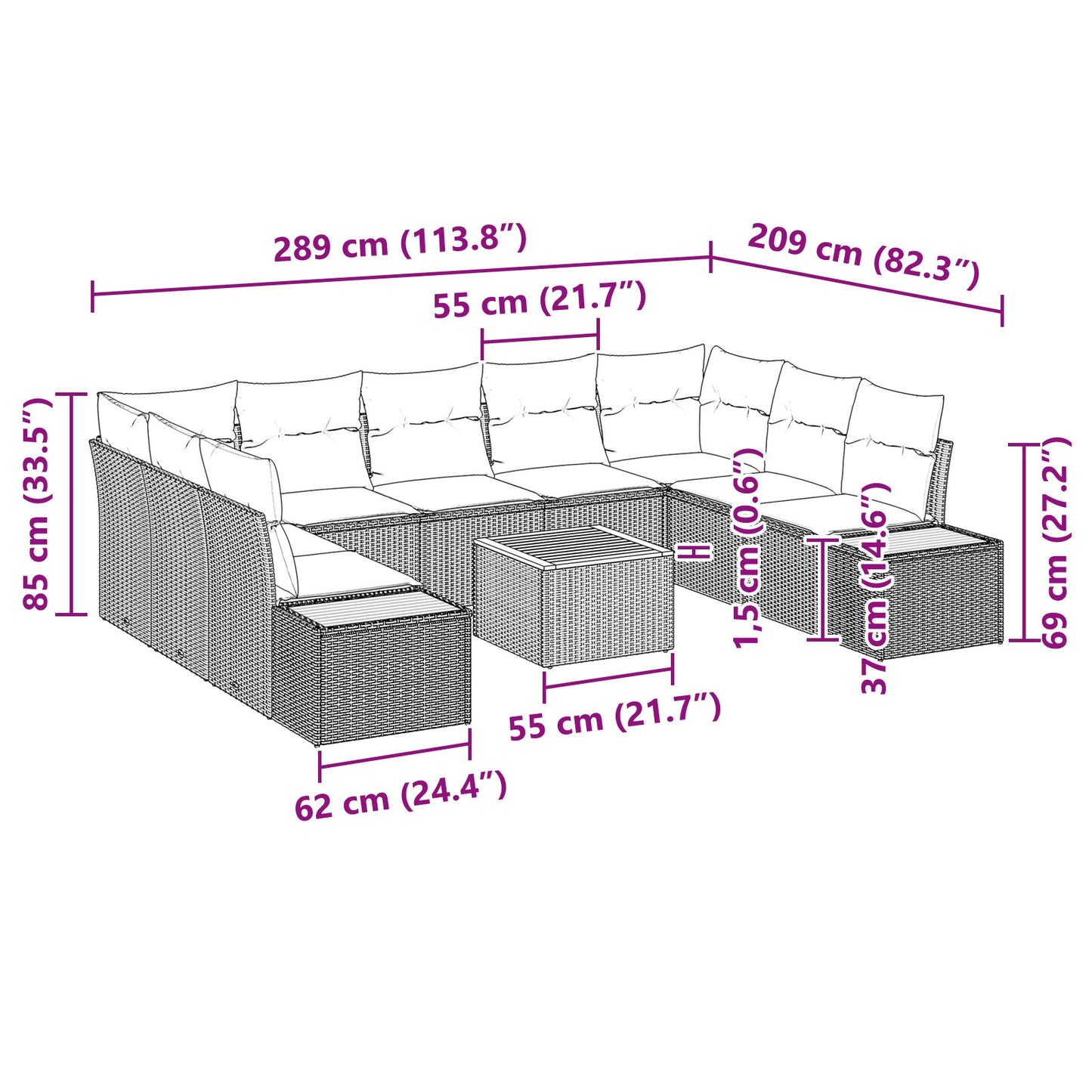 10 Delige Tuin Sofa Set Met Kussens Zwart Poly Rattan Acacia