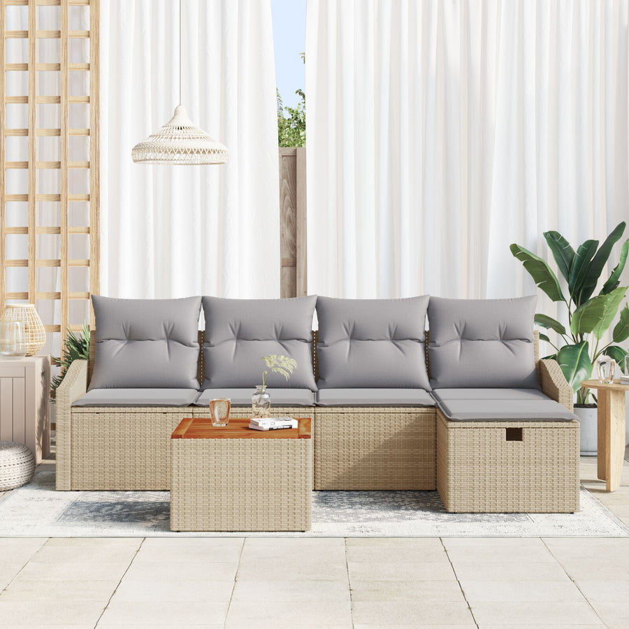 6-Delige Tuinbankenset Met Kussens Beige Poly Rattan