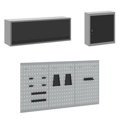 8-Delige Werkbank Set Staal 3x (85 cm) Zwart 3x kast + 3x pegboard + 2x kast met deur