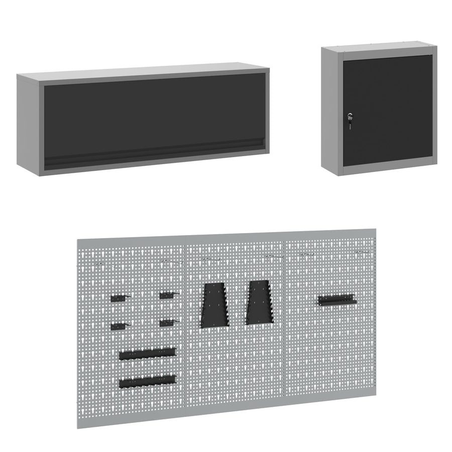 8-Delige Werkbank Set Staal 3x (85 cm) Zwart 3x kast + 3x pegboard + 2x kast met deur