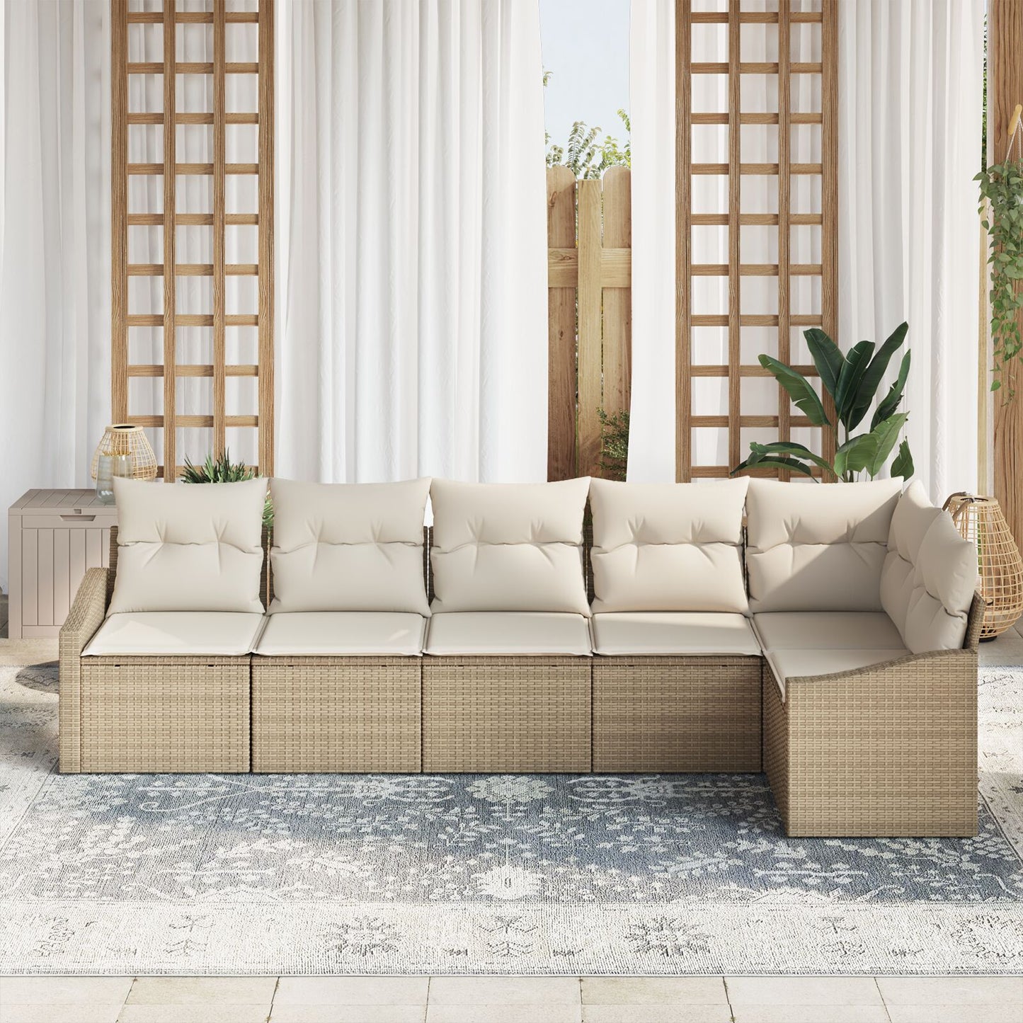 Tuin Sofa Set Set Van 6 Beige Riet, Polyester Buiten Sofa
