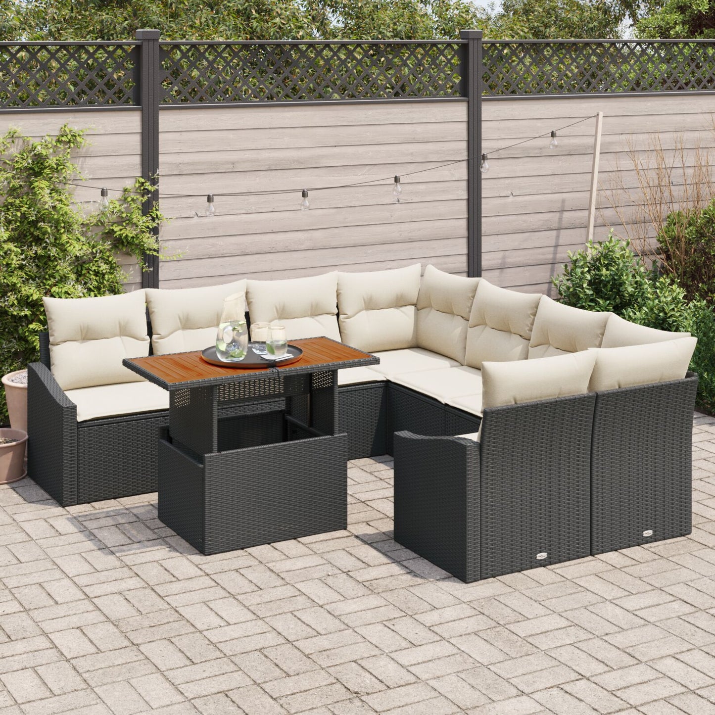 9-Delige Tuinset Met Kussens Zwart Poly Rattan Acacia
