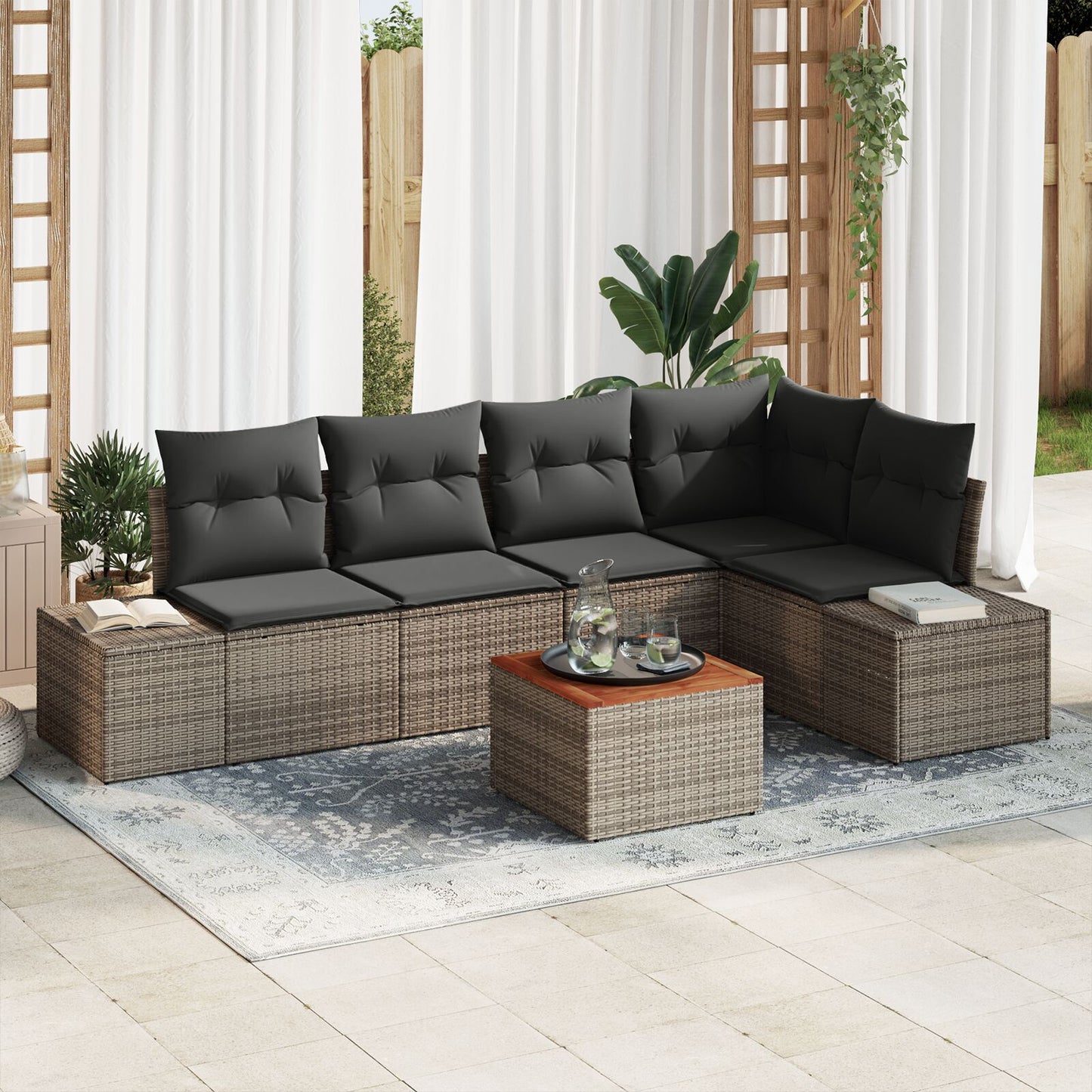 6-Delige Tuin Sofa Set Met Kussens Grijs Poly Rattan Acacia