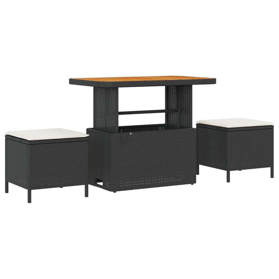 3-Delige Tuin Eetset Met Kussens Poly Rattan Acacia 90 cm Zwart en Crème 2 krukken