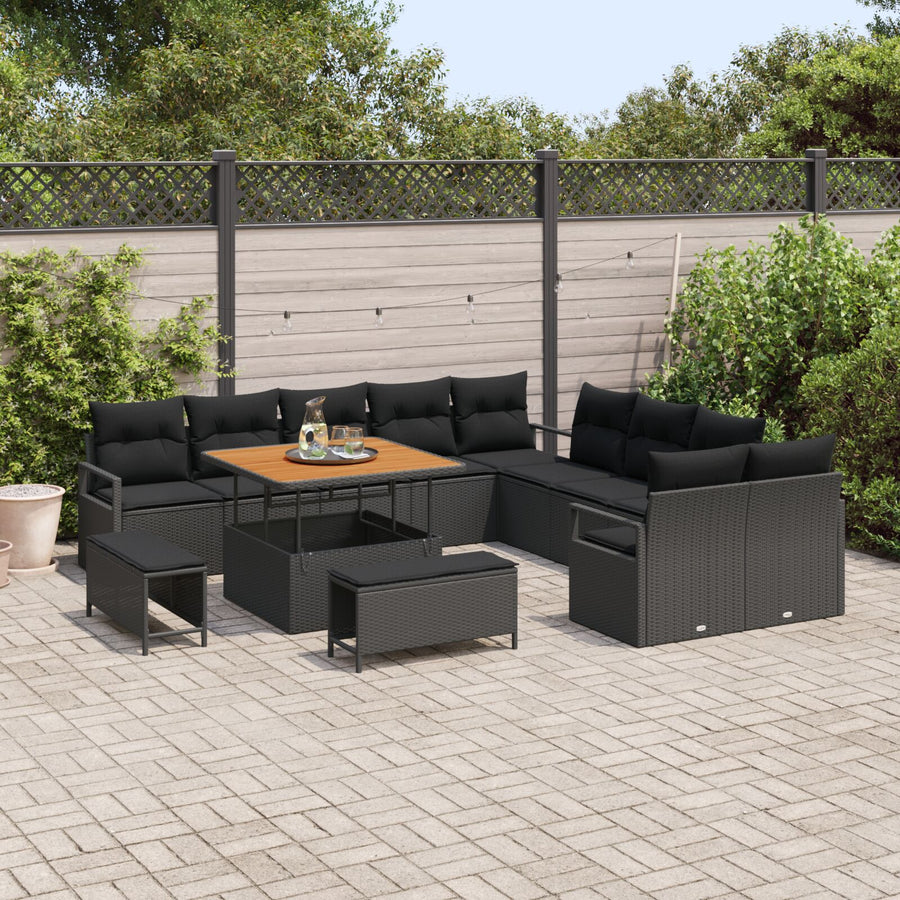 13-Delige Tuin Sofa Set Met Kussens Zwart Poly Rattan Acacia, 2-Zits Tuin Sofa Met Opbergruimte & Kussens Zwart Poly Rattan, 3-Delig Tuin Eetset Met Kussens Zwart Poly Rattan Acacia Wit