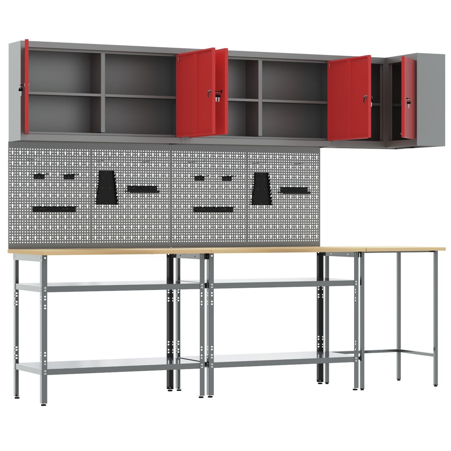 10-Delige Gereedschapsopslag Tafelset Van Geengineerd Hout En Metaal 100 cm kast met pegboard Rood 3x tafel + 4x kast + 4x pegboard