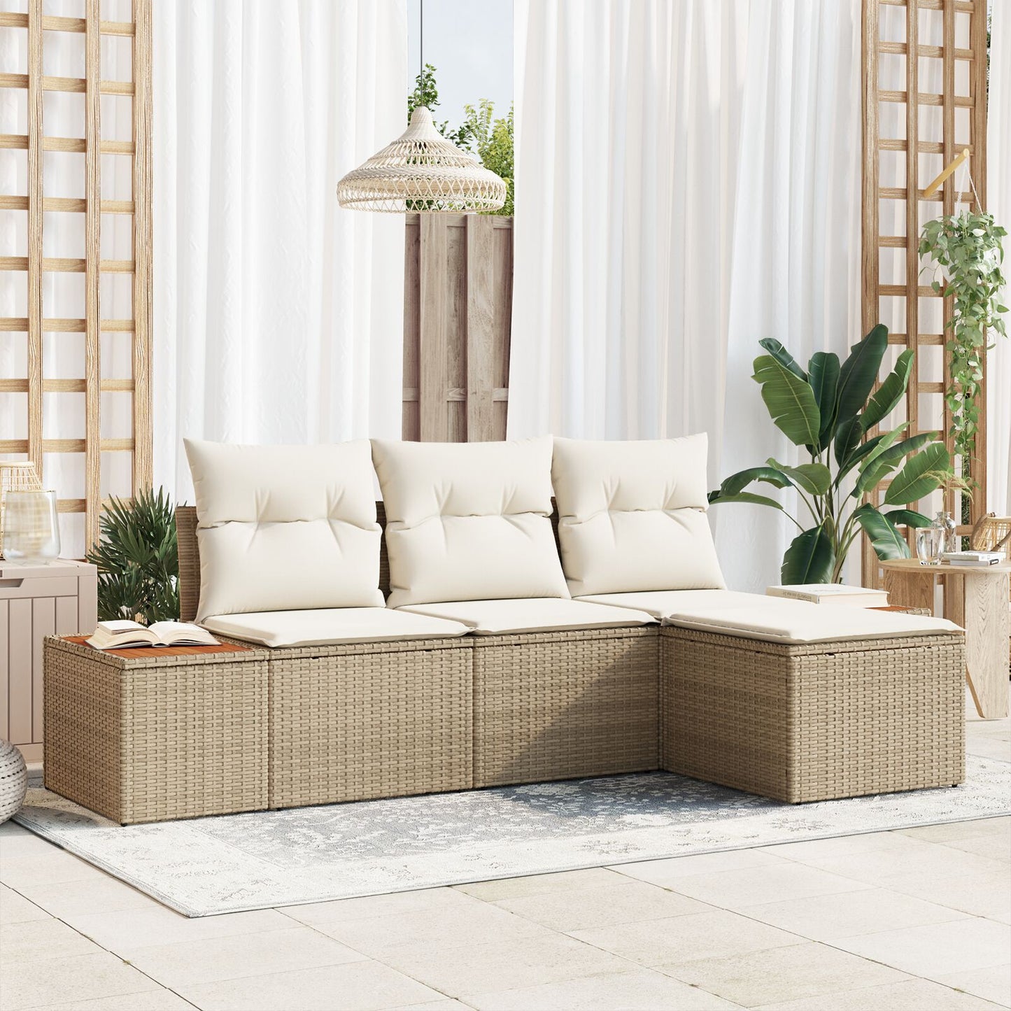 4-Delige Tuin Sofa Set Met Kussens Beige Poly Rattan Acacia