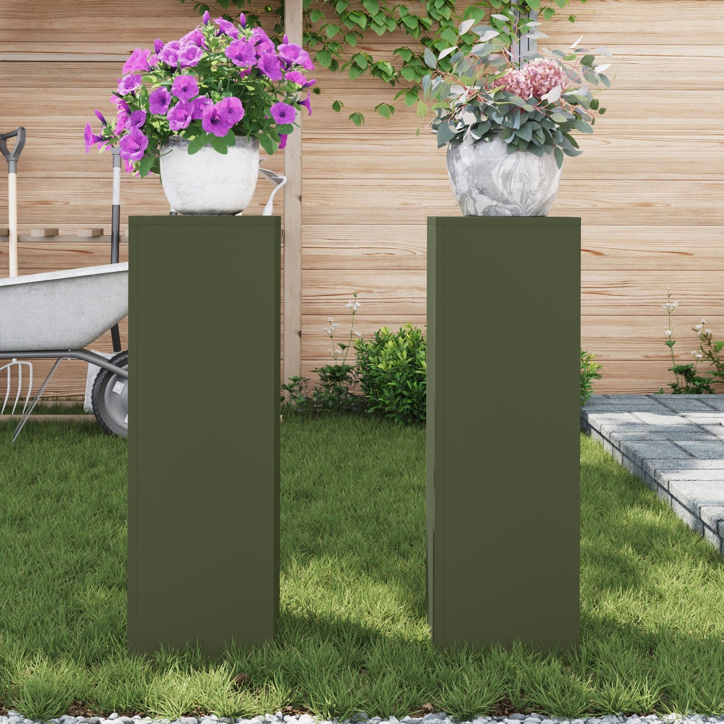 Buiten Plantenstands Pilaren 2 Stuks 24X24X75 Cm Staal Olijfgroen 2x (75 cm)