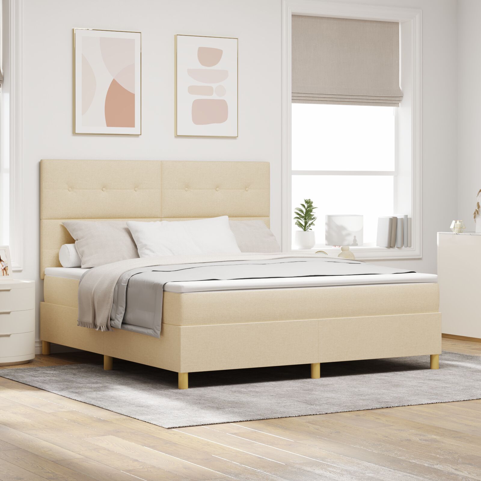 Boxspring Bed Met Matras Crème Super King Stof Blauw