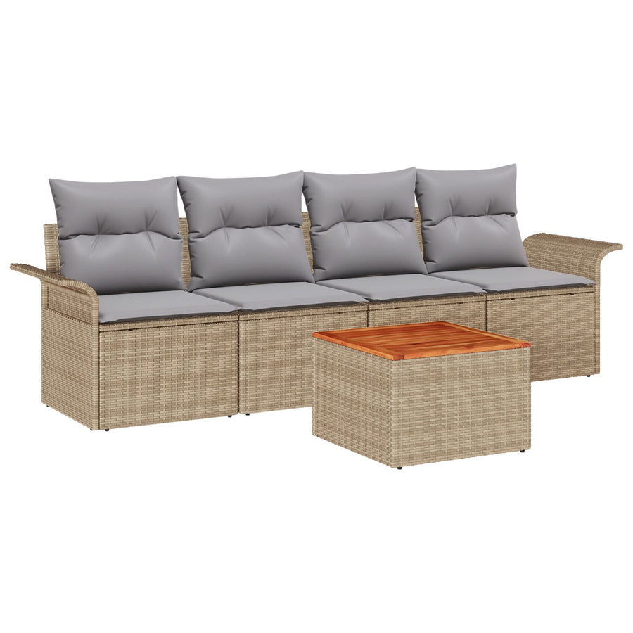 5-Delige Tuinbankenset Met Kussens Beige Poly Riet Acacia