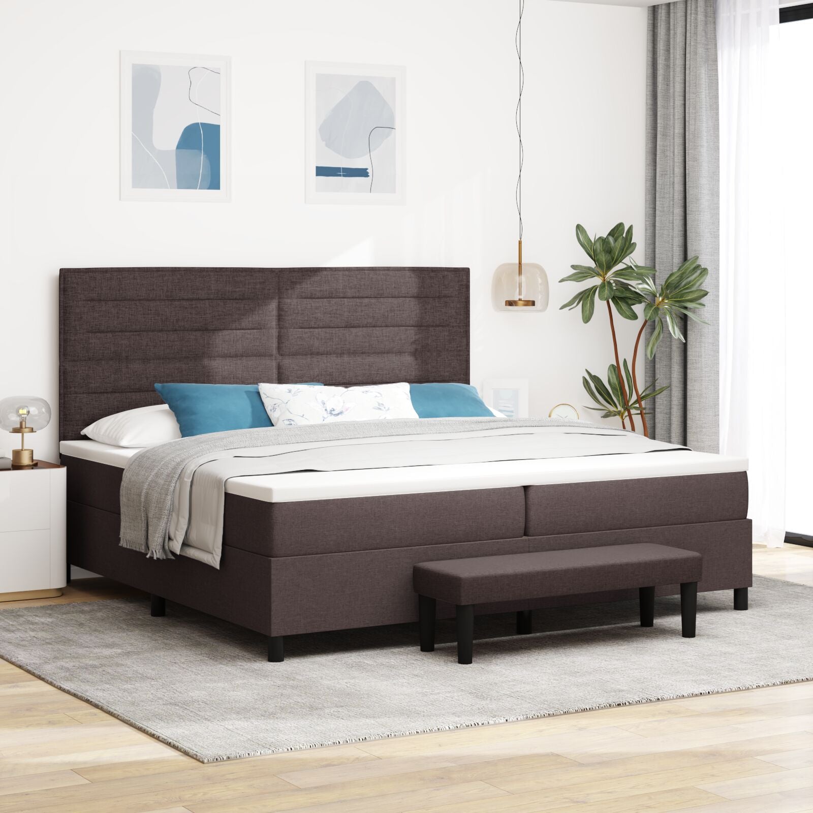 Boxspringbed Met Matras & Bank Stof Donkerbruin 200 x 200 cm Lijnen ontwerp