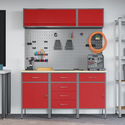 8-Delige Werkbank Set Staal 3x (84/84/85 cm) Rood 3x kast + 3x prikbord + 2x kast met deur