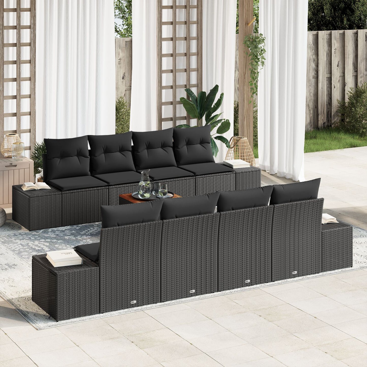 7-Delige Tuinbank Set Met Kussens Zwart Poly Riet Acacia