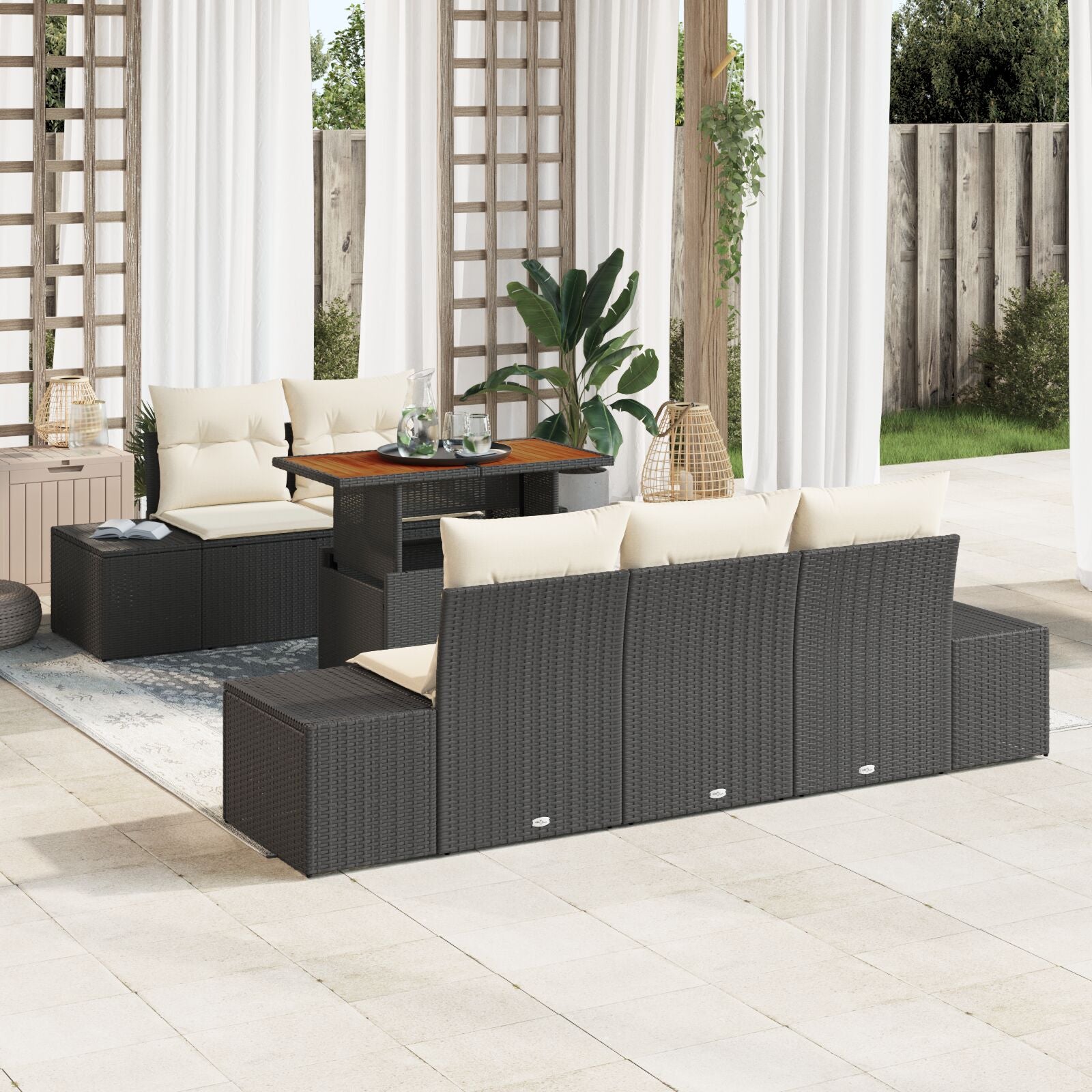 6-Delige Tuintafelset Met Kussens Zwart Poly Rattan Acacia