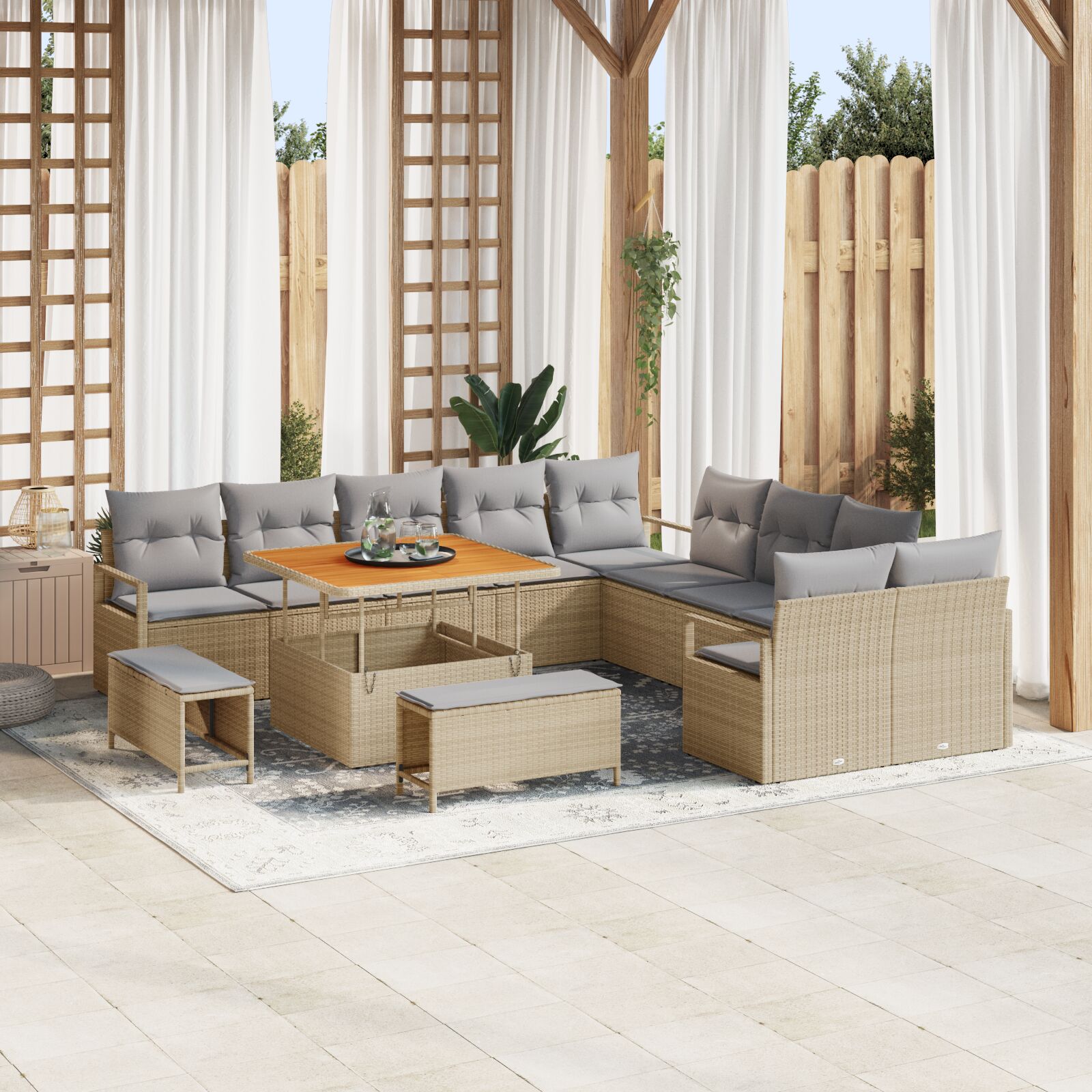 13-Delige Tuinbank Met Kussens Beige Poly Rattan Acacia, 2-Zits Tuinbank Met Opslag En Kussens Beige Poly Rattan, 3-Delige Tuin Eetset Met Kussens Beige Poly Rattan Acacia Wit