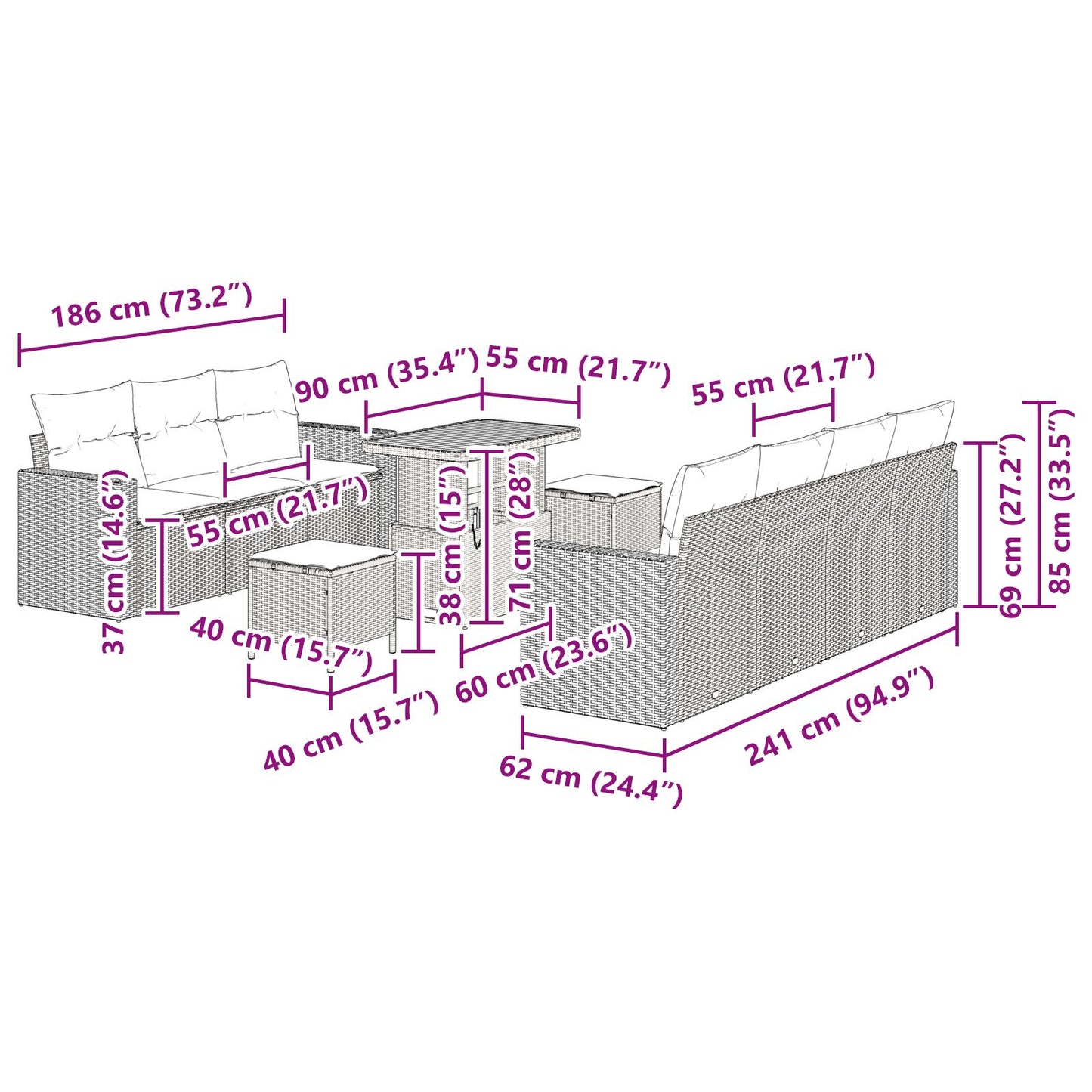 10-Delige Tuin Sofa Set Met Kussens Beige Poly Rattan Acacia, 3-Delige Tuin Eetset Met Kussens Beige Poly Rattan Acacia Wit