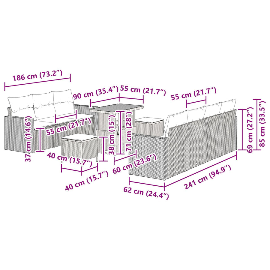 10-Delige Tuin Sofa Set Met Kussens Beige Poly Rattan Acacia, 3-Delige Tuin Eetset Met Kussens Beige Poly Rattan Acacia Wit