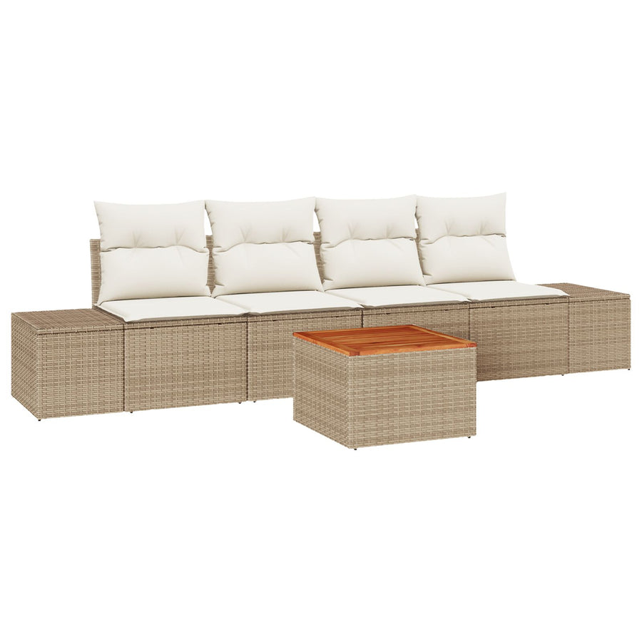 5-Delige Tuinbankset Met Kussens Beige Poly Rattan Acacia
