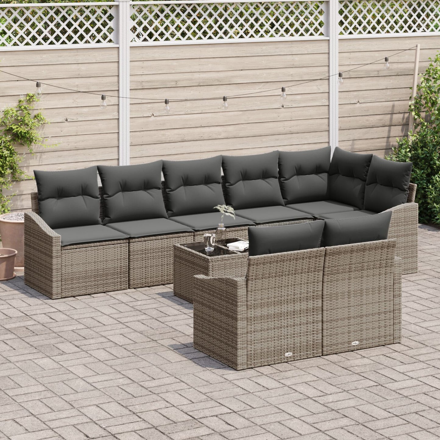 8-Delige Tuin Eettafel Set Met Kussens Zwarte Poly Rattan