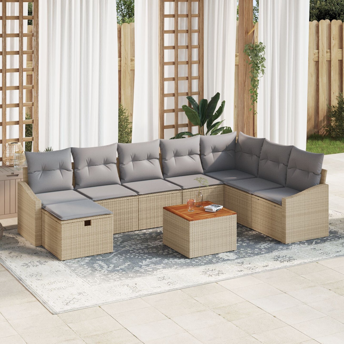 9-Delige Tuinbankset Met Kussens Beige Poly Riet