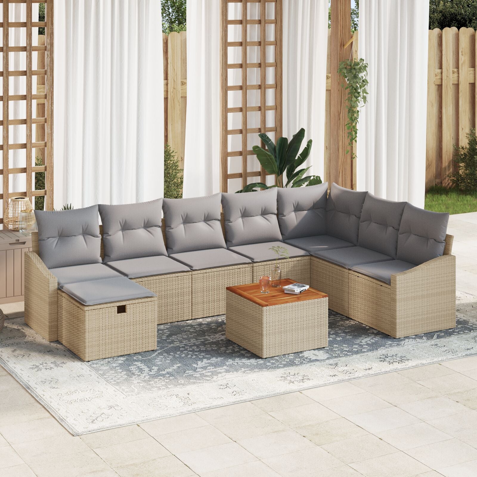 9-Delige Tuinbankset Met Kussens Beige Poly Riet