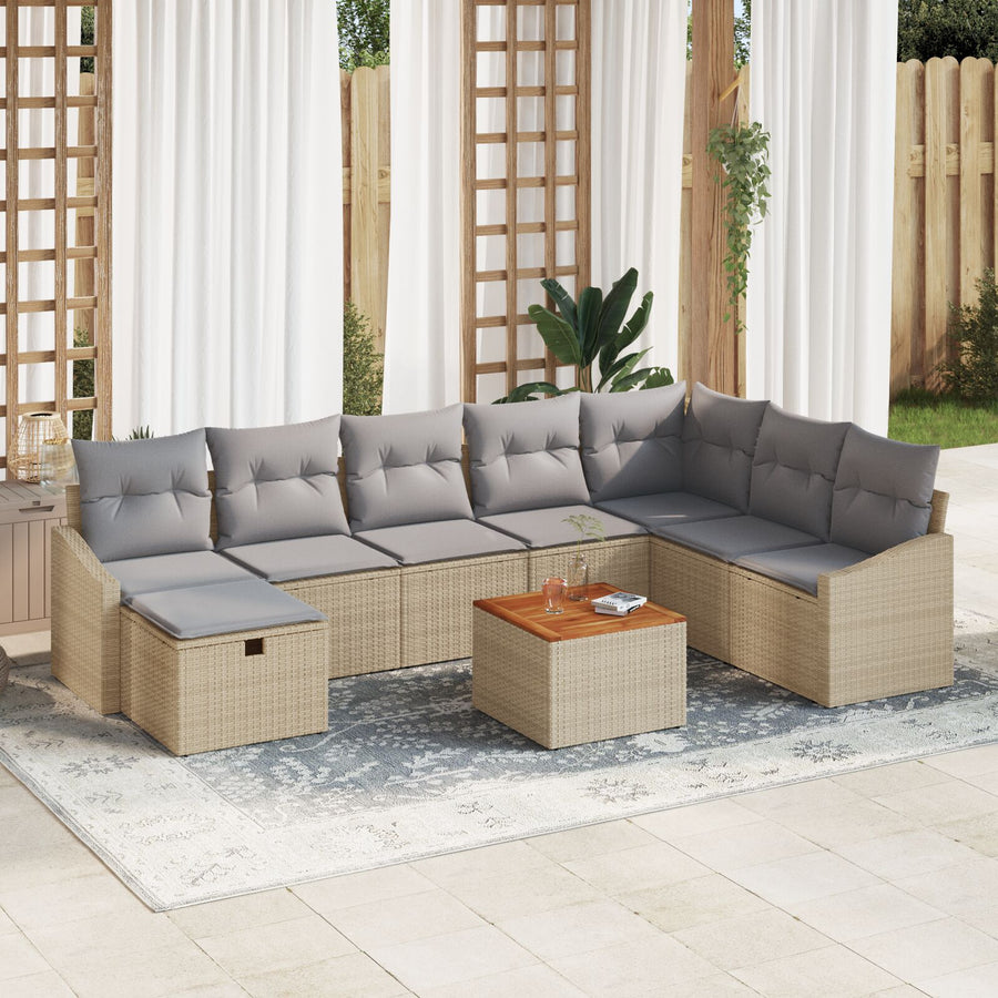 9-Delige Tuinbankset Met Kussens Beige Poly Riet