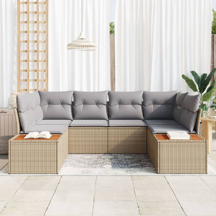 6-Delige Tuinsofa Set Met Kussens Beige Poly Rattan Acacia