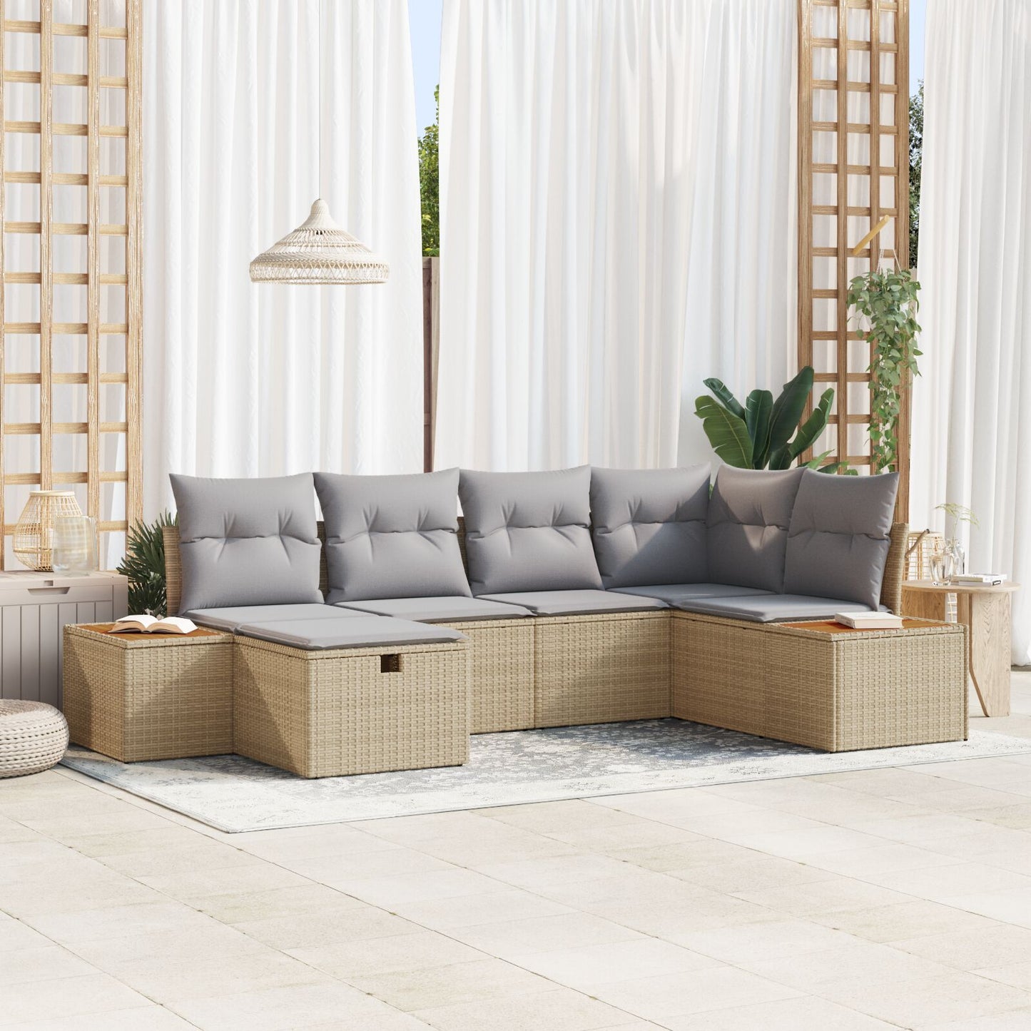 6-Delige Tuin Sofa Set Met Kussens Beige Poly Rattan