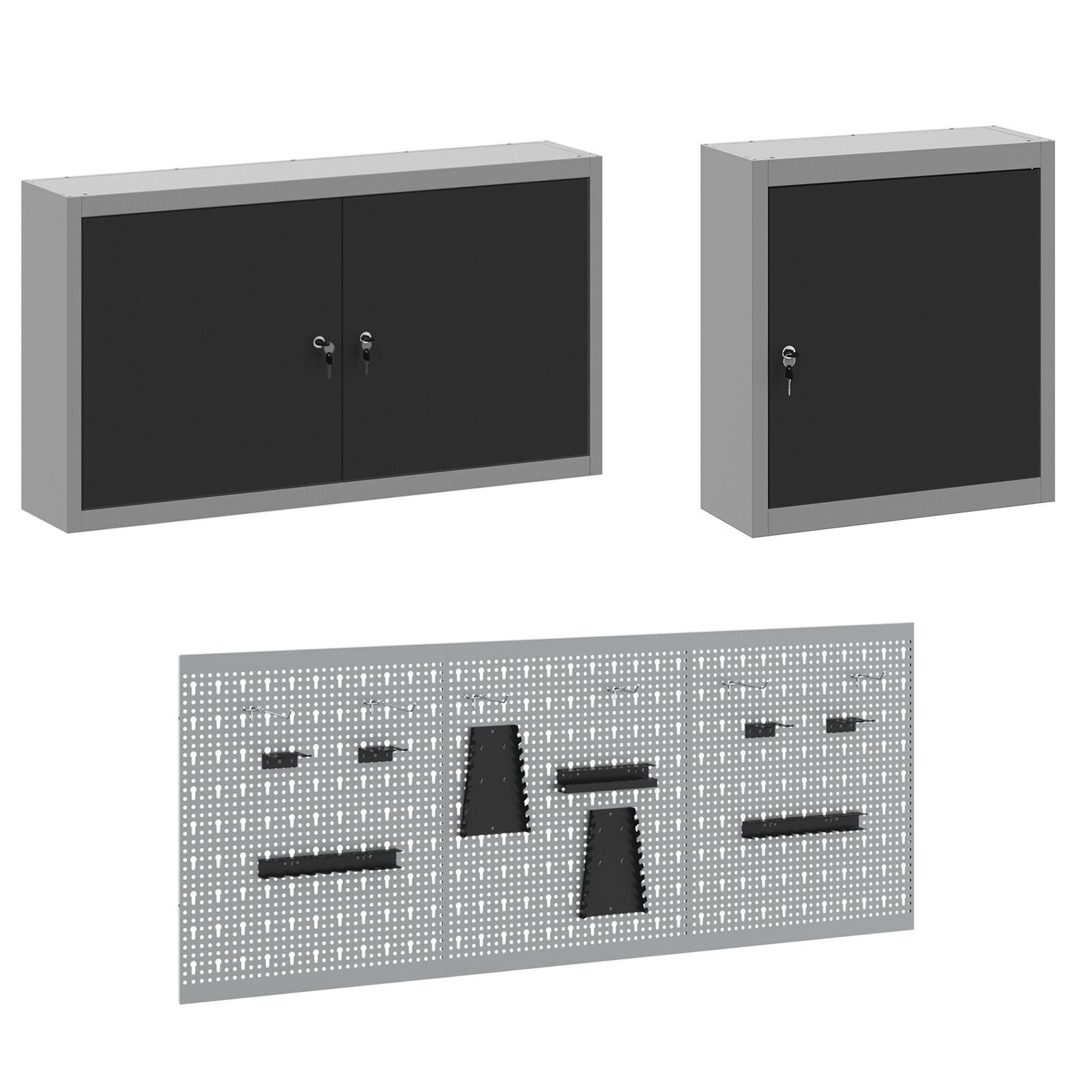 8-Delige Werkcabinet En Pegboard Set Mdf En Metaal 3x (84/84/85 cm) Zwart 3x kast + 3x pegboard + 2x gereedschap kast