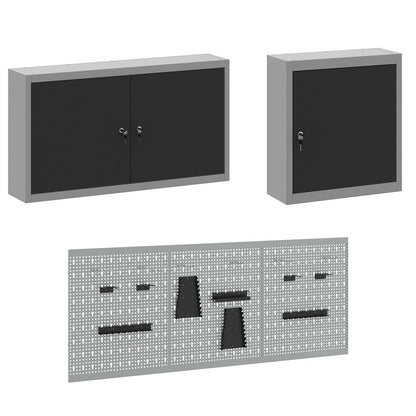 8-Delige Werkcabinet En Pegboard Set Mdf En Metaal 3x (84/84/85 cm) Zwart 3x kast + 3x pegboard + 2x gereedschap kast