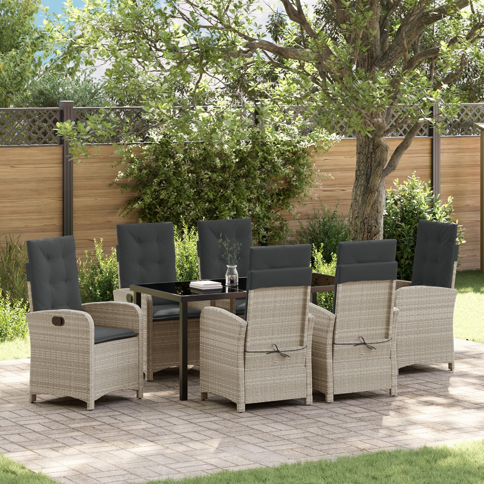 7 Delige Tuin Eettafel Set Met Kussens Lichtgrijs Poly Rattan