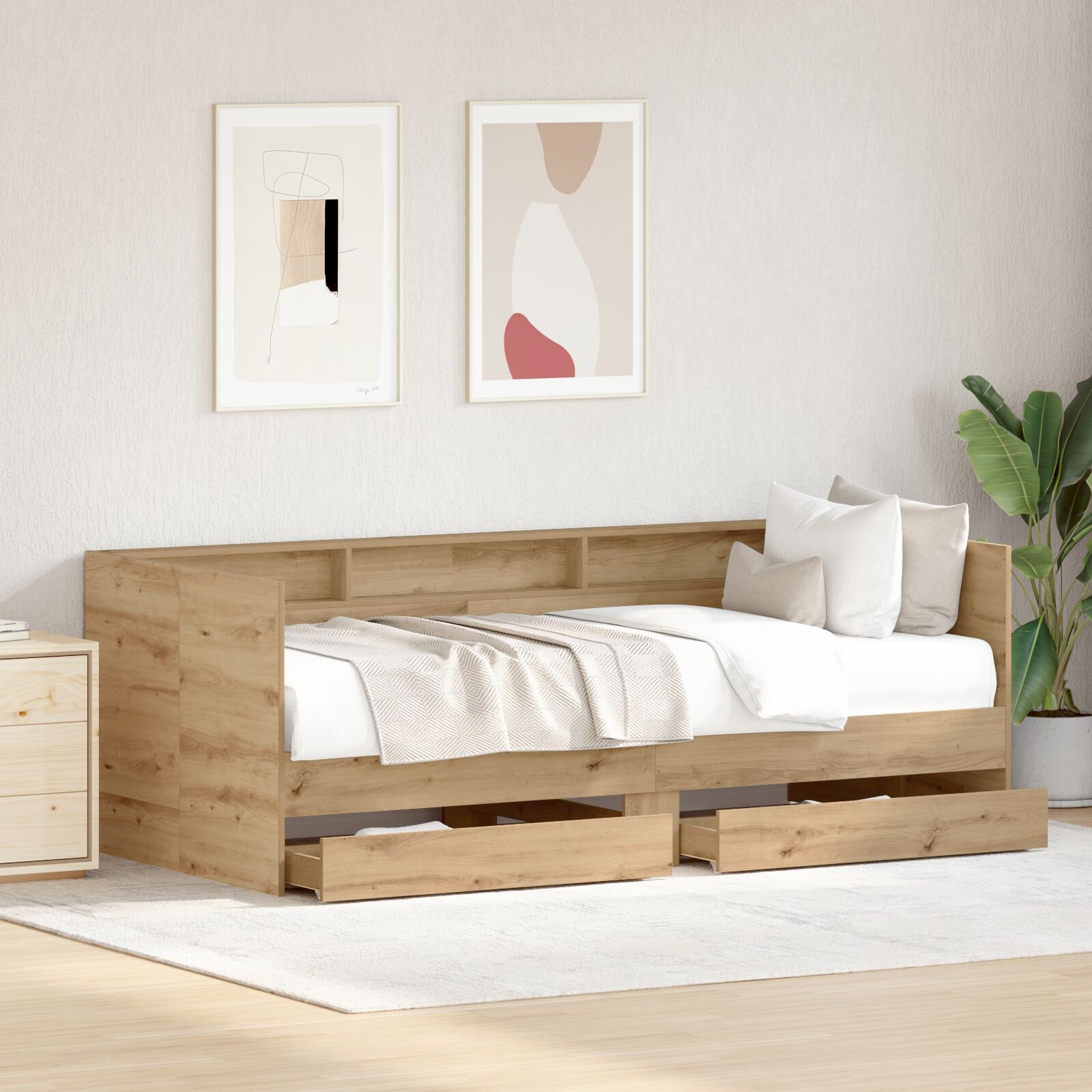 Uitschuifbed Met Lades Artisan Eiken Bewerkt Hout 75 X 190 Cm