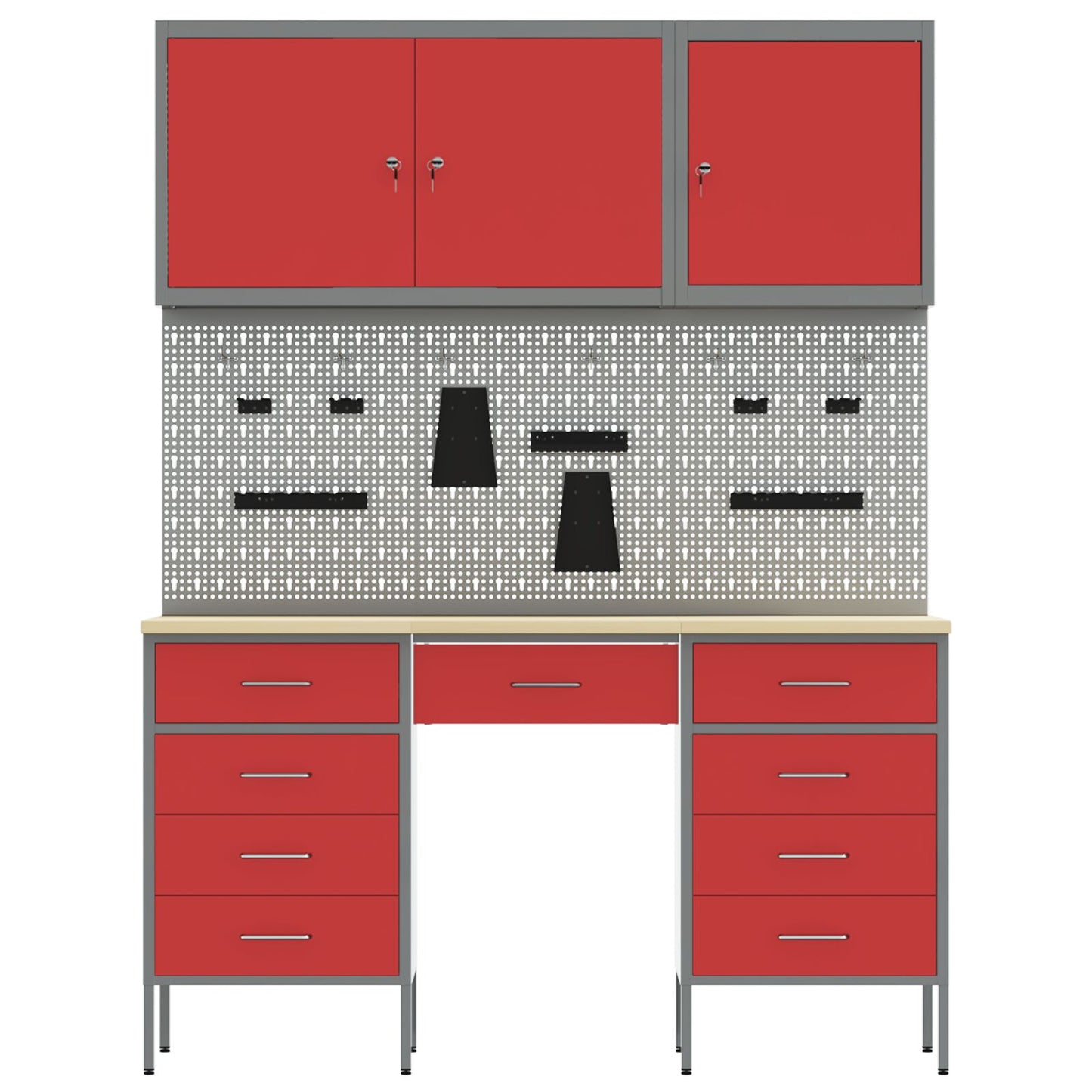 8-Delige Werkcabine En Pegboard Set Mdf En Metaal 3x (2x85/20 cm) Rood 3x kast + 3x gereedschapspaneel + 2x gereedschap kast