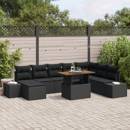 9-Delig Tuinbankstel Met Kussens Zwart Poly Rattan