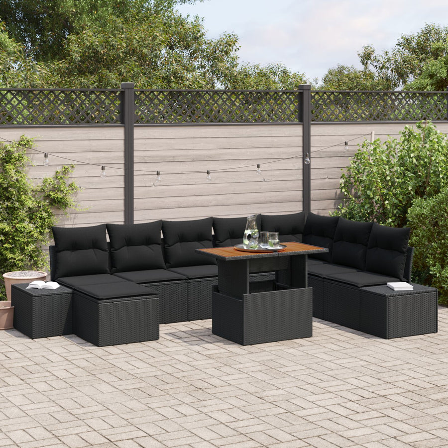 9-Delig Tuinbankstel Met Kussens Zwart Poly Rattan