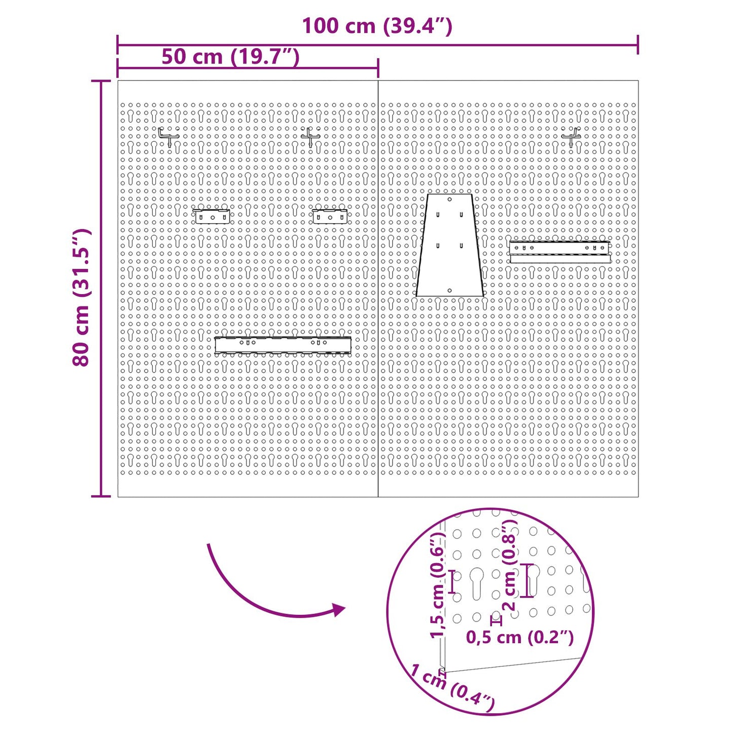 Pegboards 2 Pack Met 8 Accessoires, Grijs, 50X Staal 80 cm